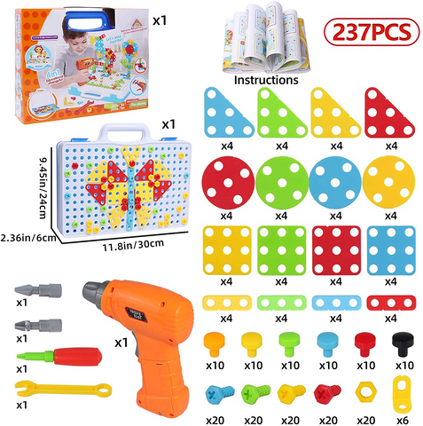 Kit de Construction Éducatif STEM avec Perceuse Électrique – Jeu de Bricolage Créatif 237 Pièces pour Enfants