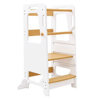 Tour d'Apprentissage Montessori en Bois Massif – Gris et Bois Naturel, Hauteur Réglable