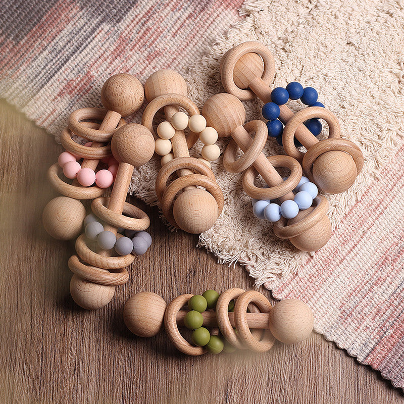 Hochet en Bois pour Bébé avec Anneaux de Dentition Montessori