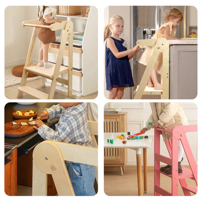 Tour d'apprentissage pliable pour enfants avec tabouret escamotable