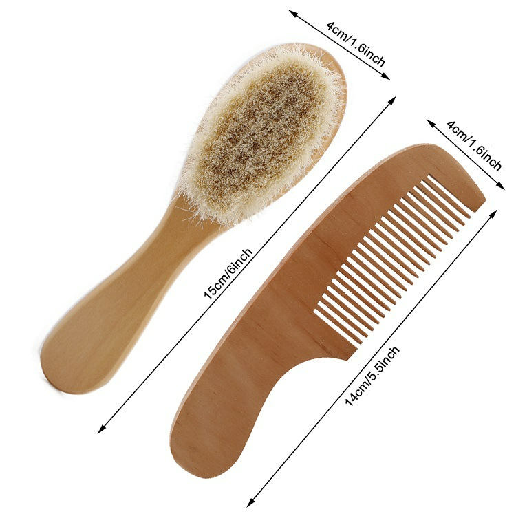 Set Brosse et Peigne en Bois pour Bébé – Brosse à Cheveux en Poils Naturels pour Nouveau-Nés