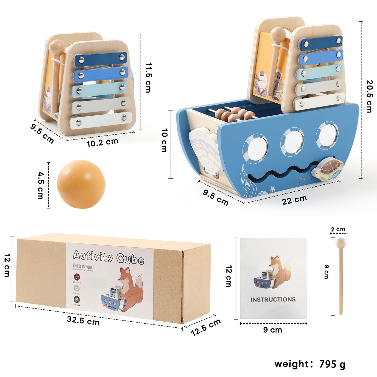 Bateau d’activités en bois 5-en-1 avec xylophone et circuit de motricité