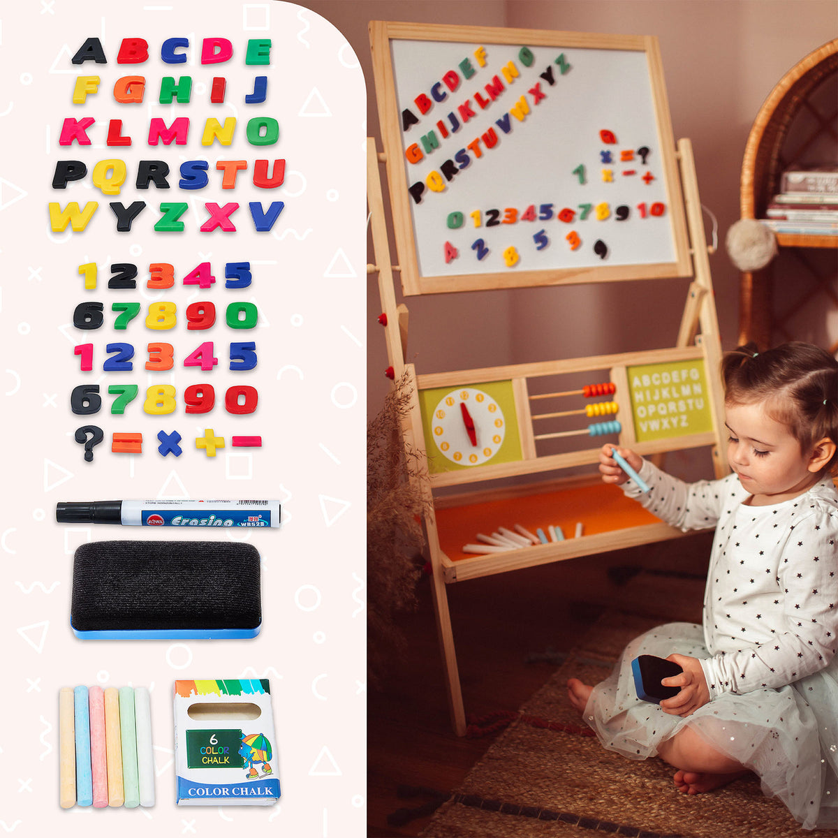 Chevalet enfant double face magnétique et ardoise avec accessoires