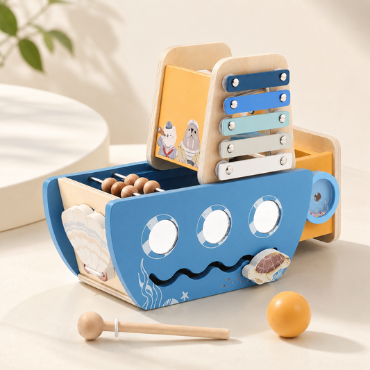 Bateau d’activités en bois 5-en-1 avec xylophone et circuit de motricité