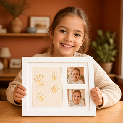 Cadre souvenir pour empreinte de main d’enfant et deux photos