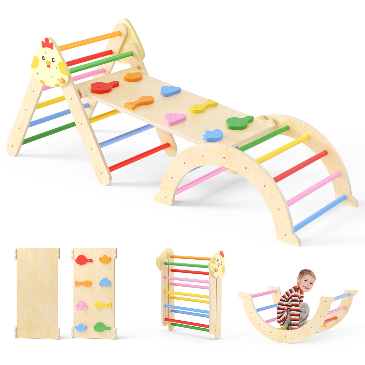 Kit d’escalade 7-en-1 en bois avec triangle, arche et rampe