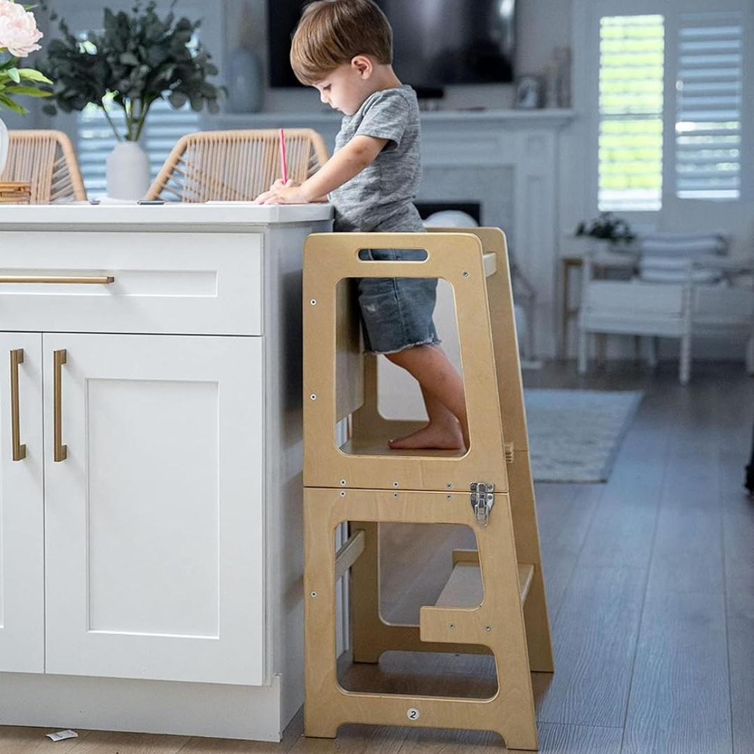 Tour d’apprentissage 4-en-1 en bois convertible en marchepied, chaise et table
