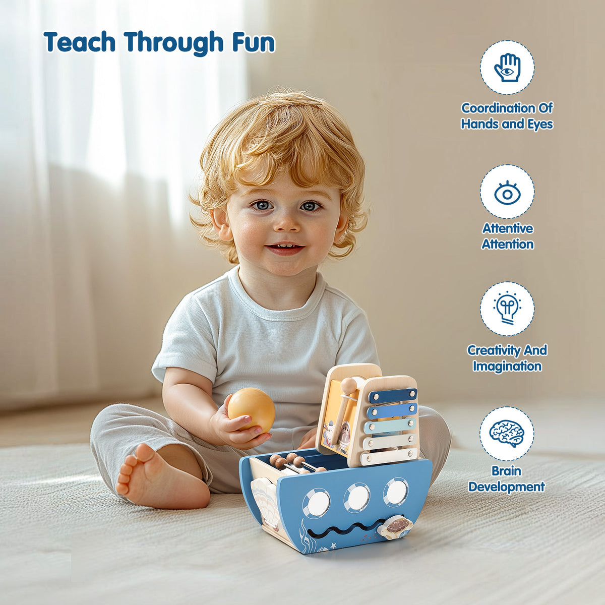 Bateau d’activités en bois 5-en-1 avec xylophone et circuit de motricité