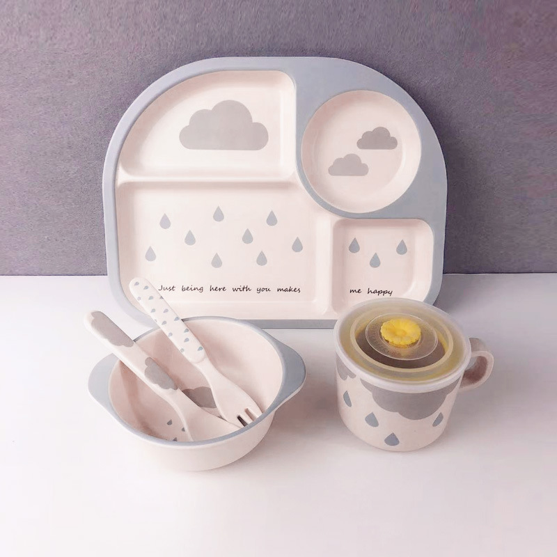 Coffret Repas Bébé Motif Nuage – Assiette, Bol, Tasse & Couverts pour Enfant