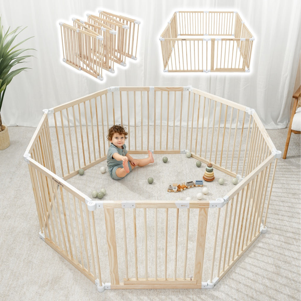 Parc pour bébé en bois naturel avec panneaux pliables