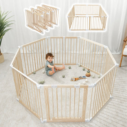 Parc pour bébé en bois naturel avec panneaux pliables