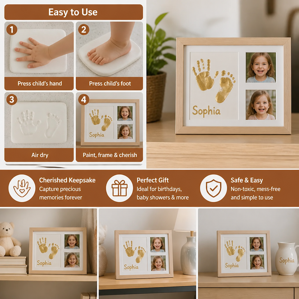 Cadre souvenir pour empreinte de main d’enfant et deux photos
