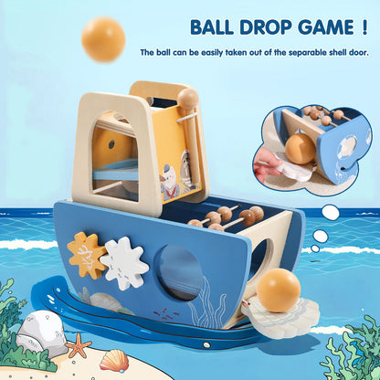 Bateau d’activités en bois 5-en-1 avec xylophone et circuit de motricité