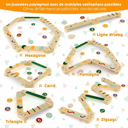 Parcours d’équilibre modulable en bois avec poutres et plots