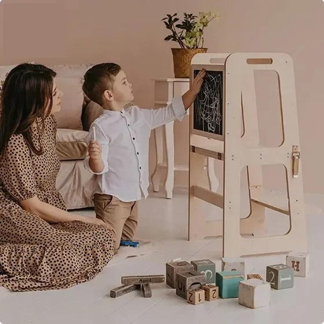 Tour d’apprentissage 4-en-1 en bois convertible en marchepied, chaise et table
