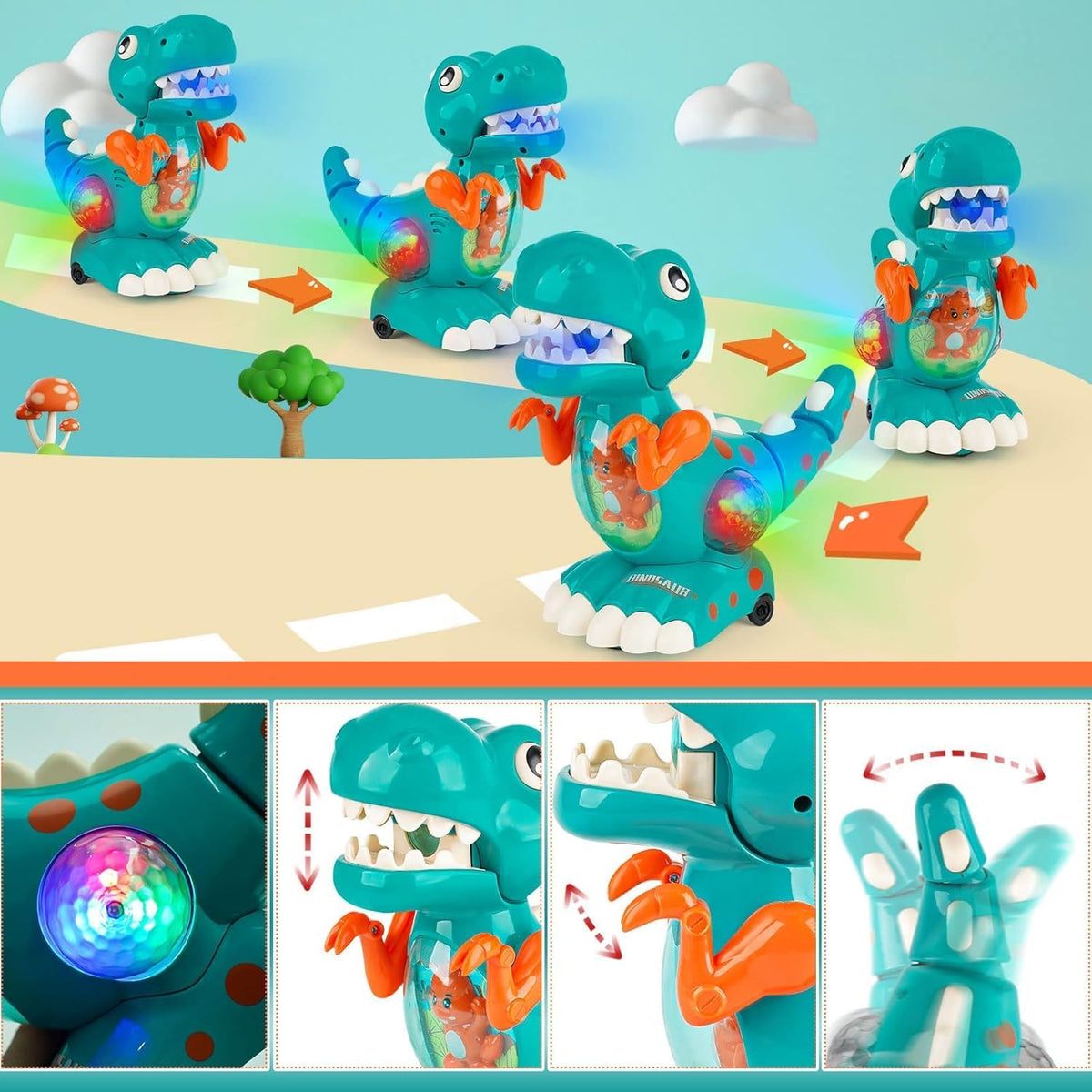 Dinosaure marcheur musical avec lumières LED, vue 3