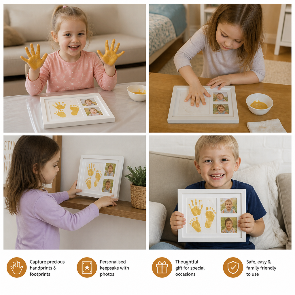 Cadre souvenir pour empreinte de main d’enfant et deux photos
