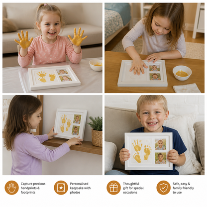 Cadre souvenir pour empreinte de main d’enfant et deux photos