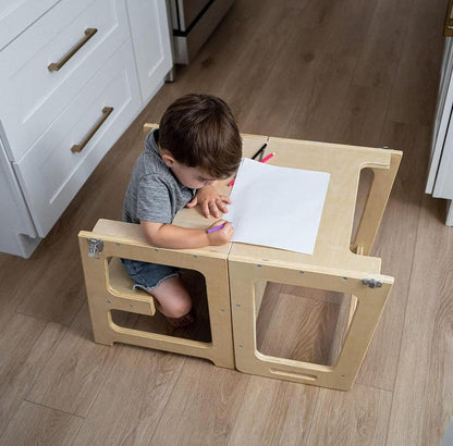Tour d’apprentissage 4-en-1 en bois convertible en marchepied, chaise et table