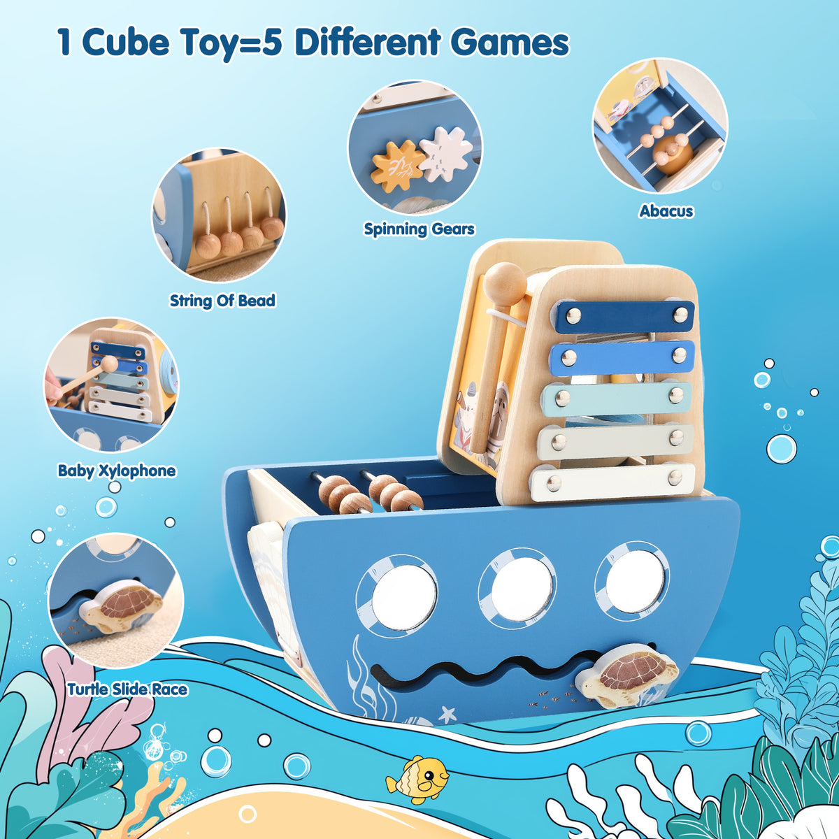 Bateau d’activités en bois 5-en-1 avec xylophone et circuit de motricité