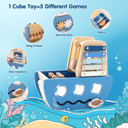 Bateau d’activités en bois 5-en-1 avec xylophone et circuit de motricité