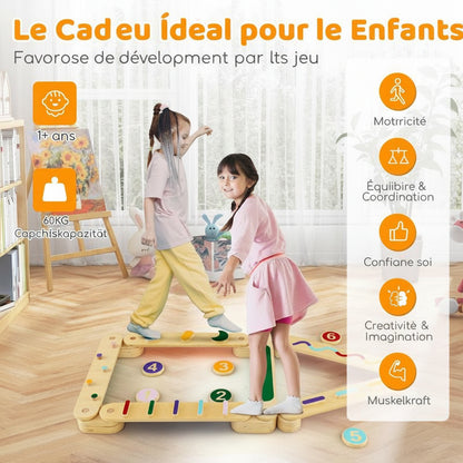 Parcours d’équilibre modulable en bois avec poutres et plots