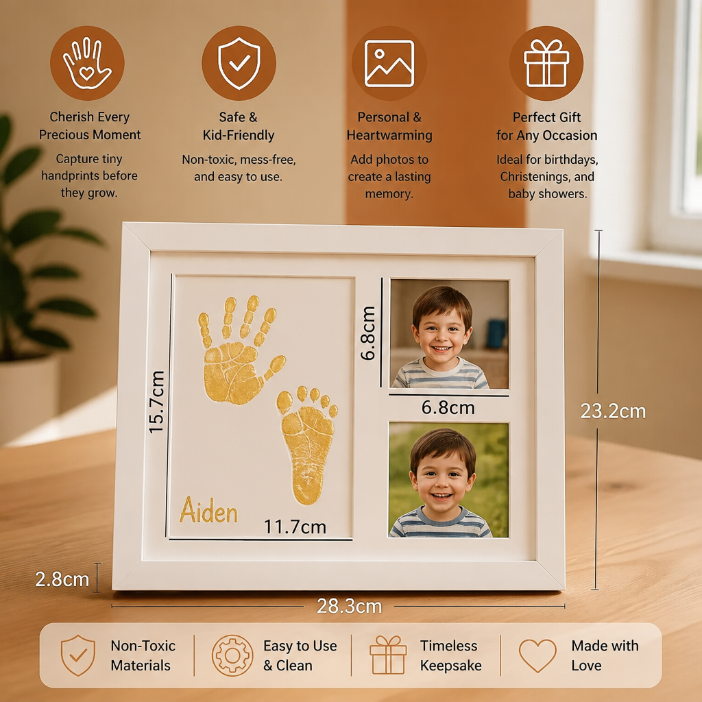 Cadre souvenir pour empreinte de main d’enfant et deux photos