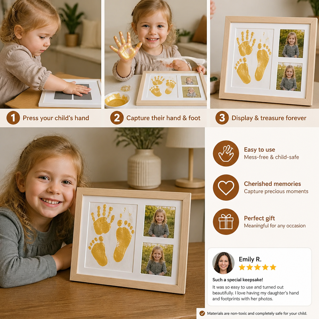Cadre souvenir pour empreinte de main d’enfant et deux photos