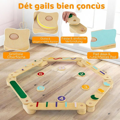 Parcours d’équilibre modulable en bois avec poutres et plots