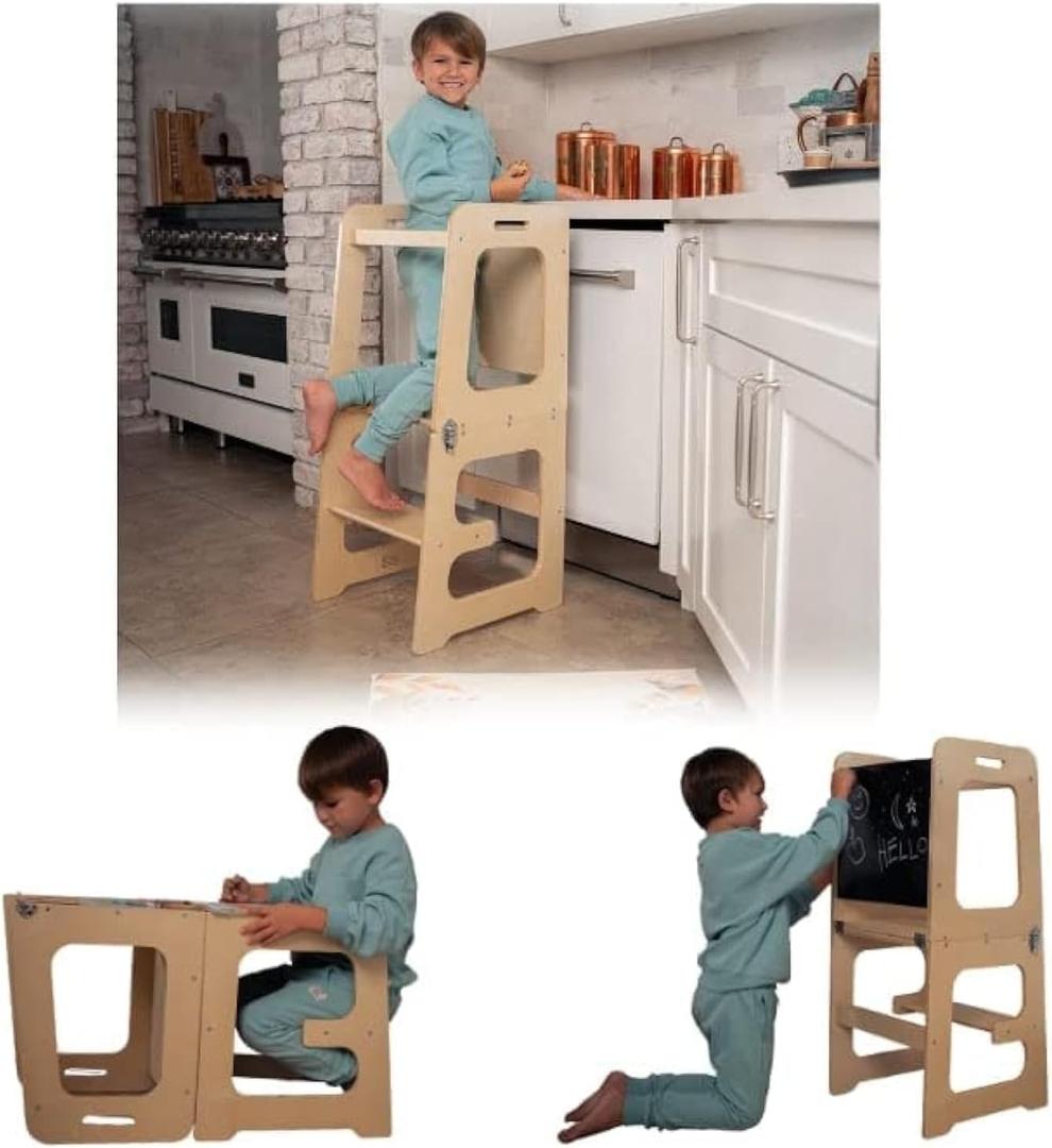 Tour d’apprentissage 4-en-1 en bois convertible en marchepied, chaise et table