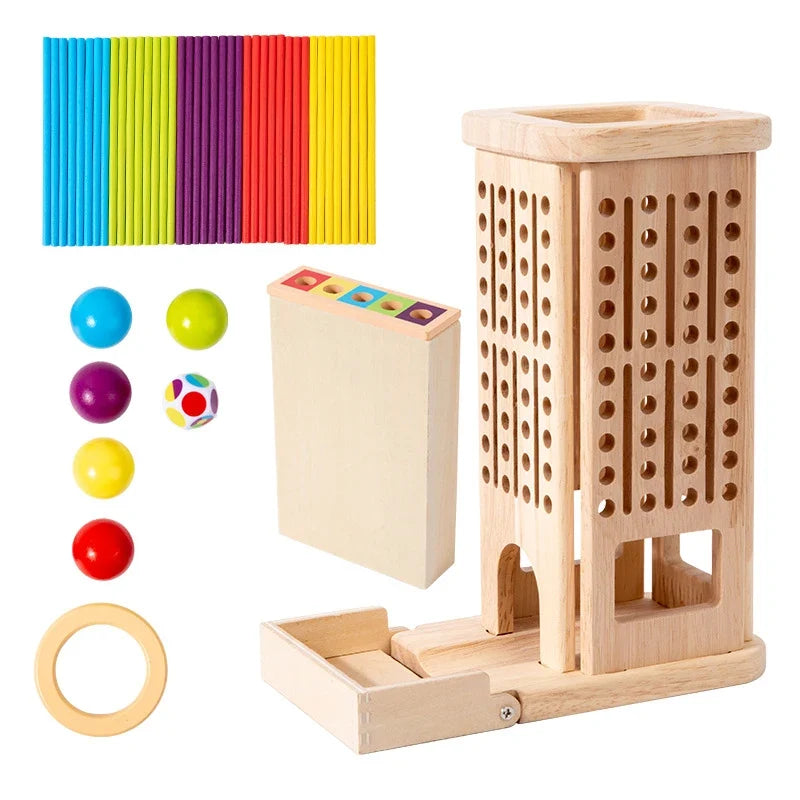 Jeu de tour en bois avec bâtonnets colorés et dé