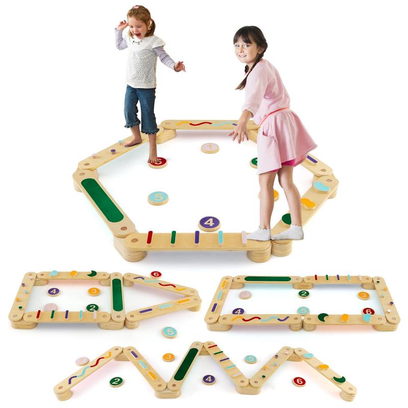Parcours d’équilibre modulable en bois avec poutres et plots