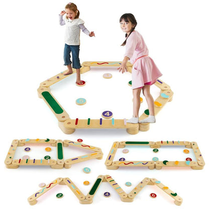 Parcours d’équilibre modulable en bois avec poutres et plots