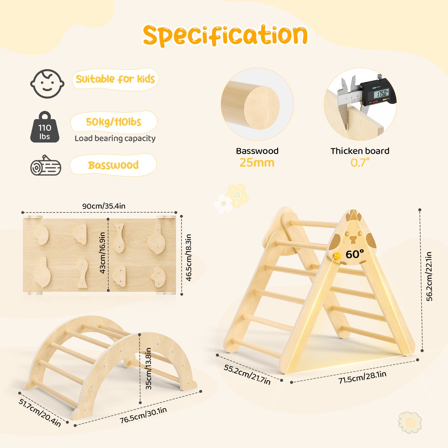 Kit d’escalade 7-en-1 en bois avec triangle, arche et rampe