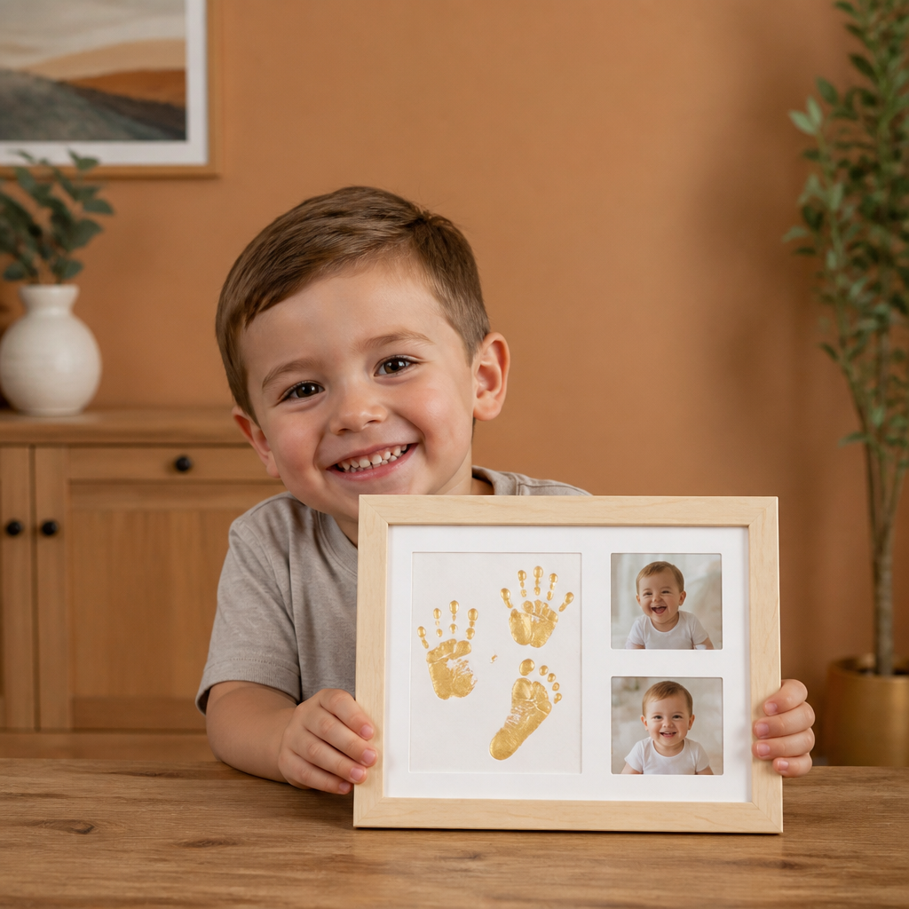 Cadre souvenir pour empreinte de main d’enfant et deux photos