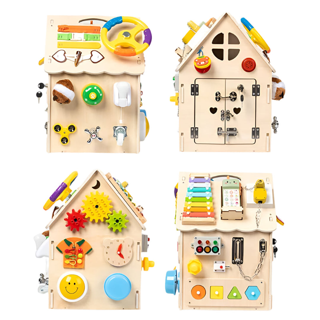 Maison d’activités en bois avec portes, boutons et éléments coulissants