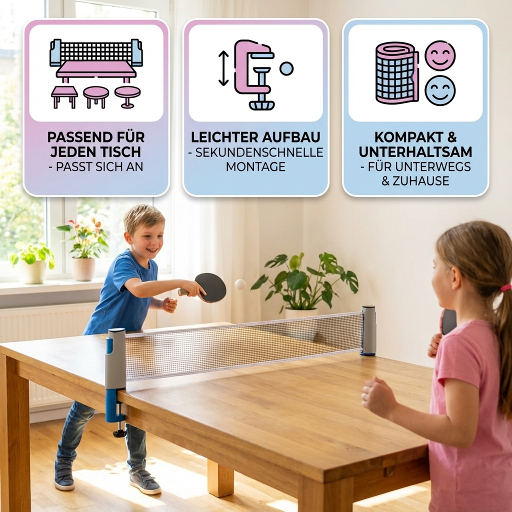 Set de Ping Pong Portable – Filet Universel pour Tous les Tables, Montage en 30 Secondes