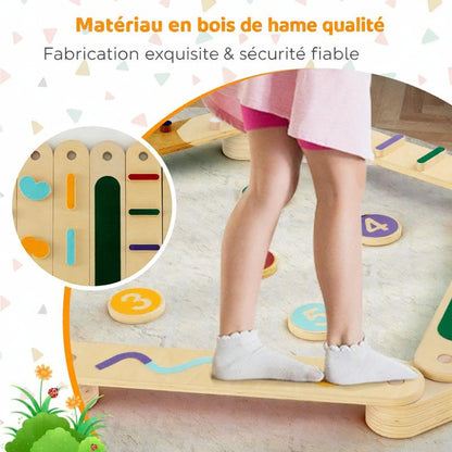 Parcours d’équilibre modulable en bois avec poutres et plots