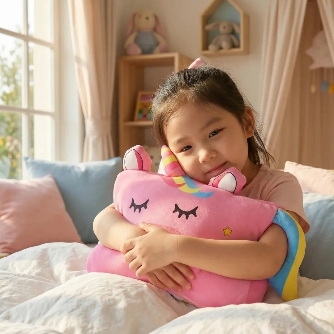 Coussin peluche pour enfant, motifs licorne et animaux