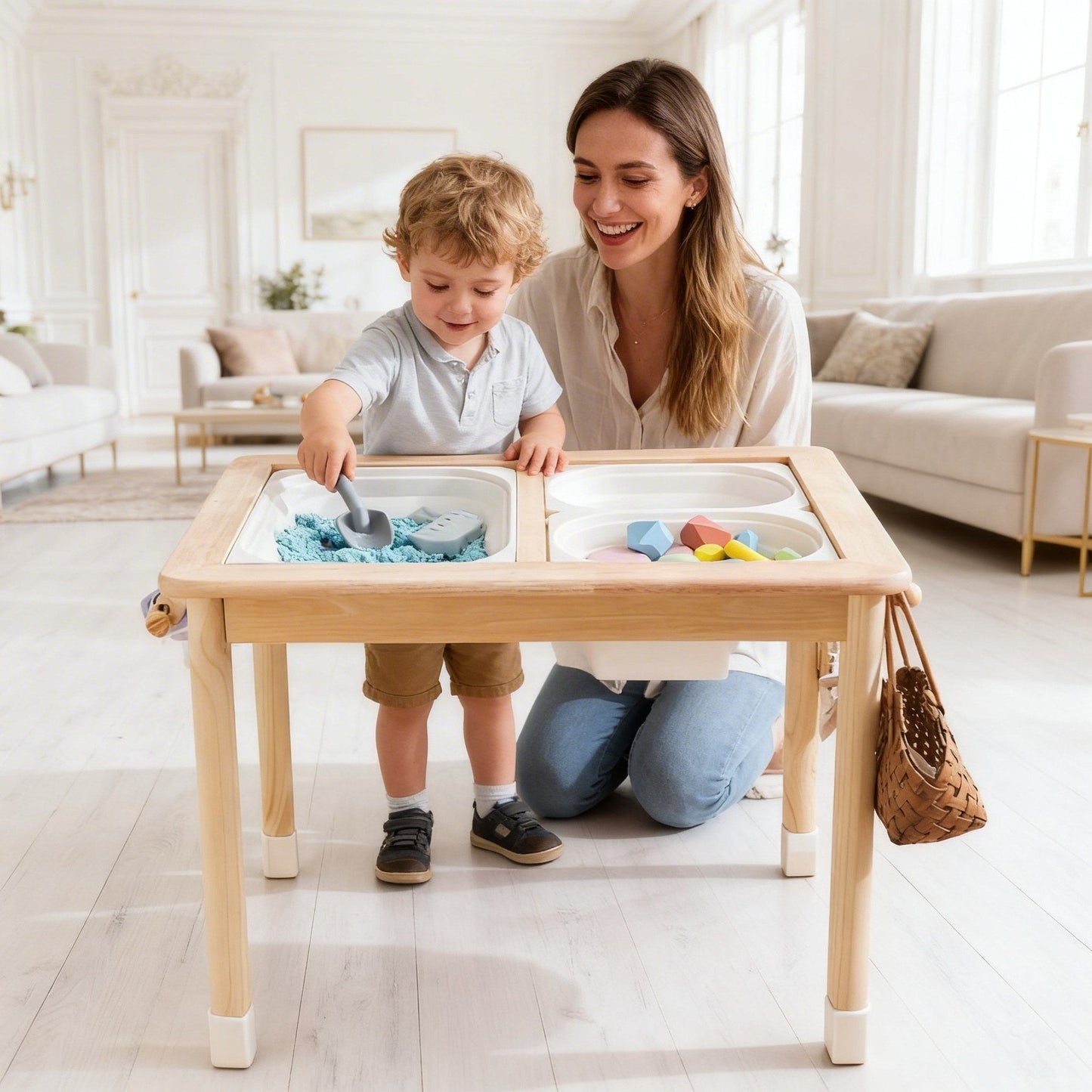 Table Sensorielle Montessori 2 Niveaux – Hauteur Réglable, Plateau et Bacs Intérieurs