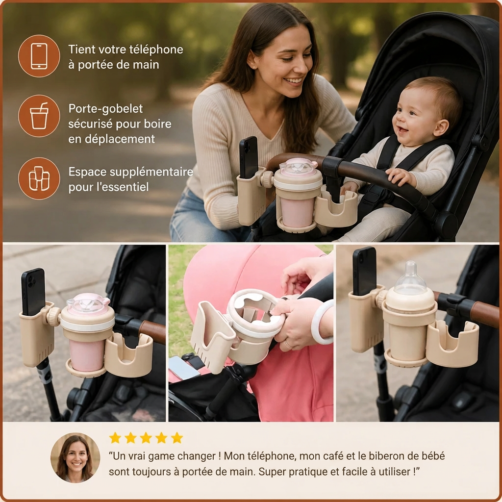 Porte-gobelet et téléphone 3-en-1 pour poussette avec pince réglable