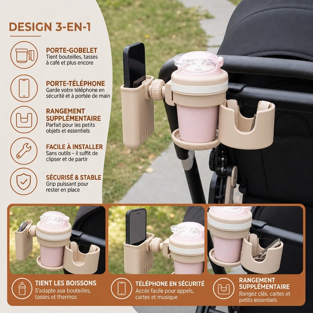 Porte-gobelet et téléphone 3-en-1 pour poussette avec pince réglable