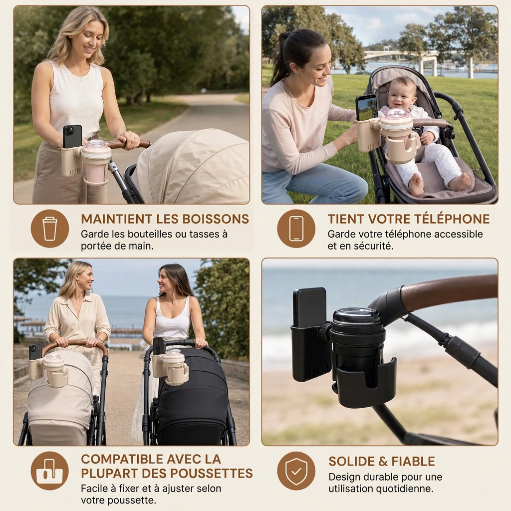 Porte-gobelet et téléphone 3-en-1 pour poussette avec pince réglable