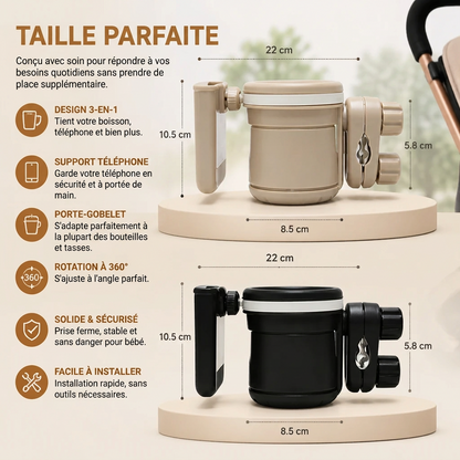 Porte-gobelet et téléphone 3-en-1 pour poussette avec pince réglable