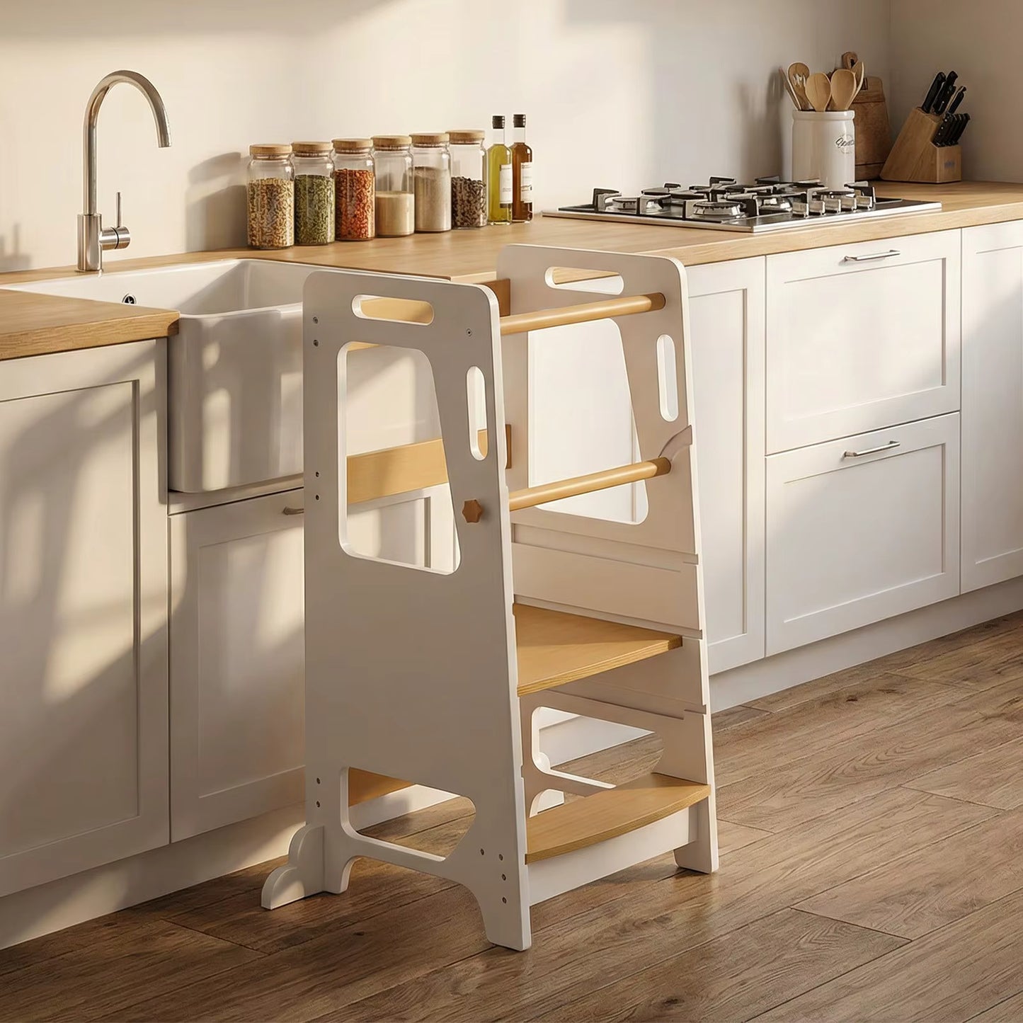 Tour d'Apprentissage Montessori en Bois Massif – Gris et Bois Naturel, Hauteur Réglable