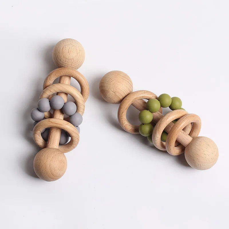Hochet en Bois pour Bébé avec Anneaux de Dentition Montessori