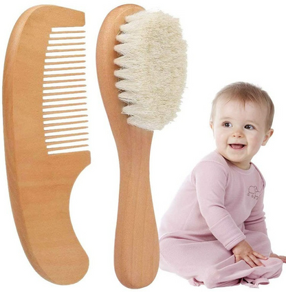Set Brosse et Peigne en Bois pour Bébé – Brosse à Cheveux en Poils Naturels pour Nouveau-Nés