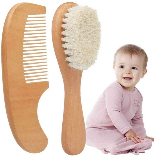 Set Brosse et Peigne en Bois pour Bébé – Brosse à Cheveux en Poils Naturels pour Nouveau-Nés
