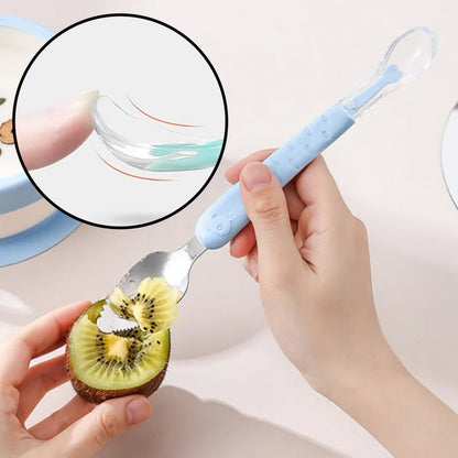 Cuillère pour bébé 2-en-1 en silicone – Cuillère d'apprentissage pour que les bébés mangent tout seuls