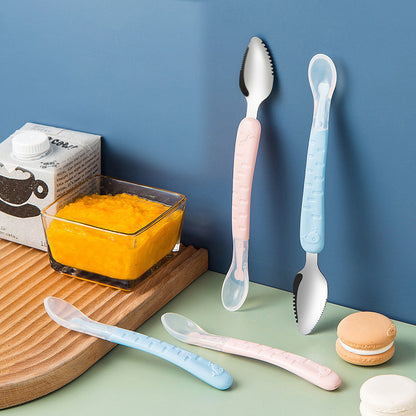 Cuillère pour bébé 2-en-1 en silicone – Cuillère d'apprentissage pour que les bébés mangent tout seuls